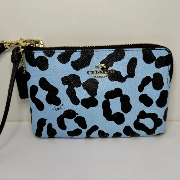 Coach Light Blue and Black Animal Print Wristlet - Picture 1 of 5
